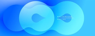 Soyut mavi şekiller örtüşür, dinamik sıvı tasarımı yaratır. Gradyan etkisi derinlik ve modern hissi arttırır. Arkaplan metni mevcut.