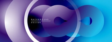 Soyut tasarım katmanlı daireler, gradyan renkler. Mor, maviye karışıp dinamik görsel efekt yaratır. Minimalist metin mevcut.