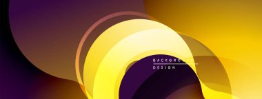 Soyut tasarım katmanlı şekiller, canlı sarı, mor renkler içerir. Modern estetik, pürüzsüz gradyanlar dinamik görsel efekt yaratır.