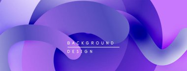 Soyut sıvı şekiller, mor renkler tasarımda baskın. Gradyan karışımları dinamik görsel doku oluşturur. Minimalist metin merkezi biçimi örtüyor.