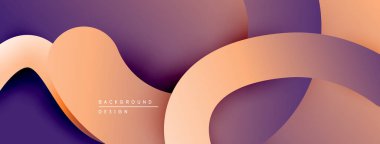 Soyut sıvı şekilleri üst üste binerek dinamik bileşim oluşturur. Sıcak şeftali tonları, koyu mor renklerle tezat oluşturur. Modern tasarım ögesi.