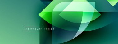 Soyut geometrik şekiller örtüşür, dinamik yeşil gradyan arkaplan oluşturur. Modern tasarım elementleri yenilik ve akıcılık öneriyor.