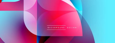 Soyut geometrik şekiller örtüşür, canlı gradyanlar yaratır. Pembe, mor, mavi renkler dizaynda baskın. Modern estetik, temiz çizgiler sunar.