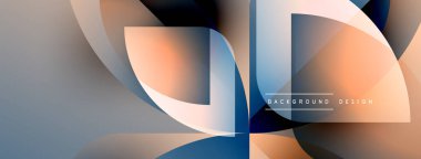 Soyut geometrik şekiller örtüşür, dinamik görsel efekt yaratır. Renkler harmanlanmış turuncu, mavi, grileşen modern arkaplan tasarımı.