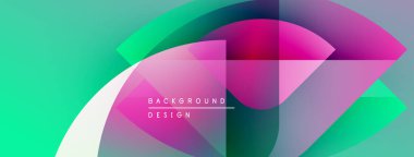 Soyut renkli şekiller örtüşür, dinamik görsel efekt yaratır. Modern tasarım gradyan ve metin elementlerine sahiptir. Parlak renkler kompozisyona hakim.