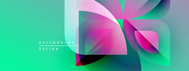 Soyut geometrik şekiller örtüşüyor, canlı renk eğimleri yaratıyor. Turkuaz arka plan pembe, mor renkleri tamamlar. Modern tasarım ögesi.