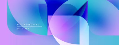 Soyut geometrik şekiller canlı mor, mavi renkleri harmanlarlar. Modern tasarım akıcılığı, dinamizmi, görsel ilgiyi çağrıştırıyor.