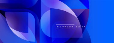 Soyut geometrik şekiller, canlı mavi renkler, modern tasarım. Üst üste binen katmanlar derinlik ve dinamik bileşim yaratır. Minimalist estetik.