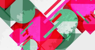 Soyut geometrik bileşim. Üst üste binen şekiller, canlı renkler, dokulu yüzeyler dinamik görsel efektler yaratır. Modern tasarım elemanları.