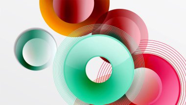 Soyut daireler örtüşüyor, canlı renk eğimleri yaratıyor. Çizgiler kesişiyor, dinamik bileşim oluşturuyor. Modern tasarım elemanları.