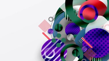 Soyut geometrik bileşim. Çemberler, çizgiler, noktalar dinamik görsel efekt yaratır. Modern tasarım elemanları canlı renk şeması sunar.