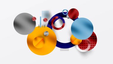 Üst üste binen daireler, çizgiler, noktalar içeren soyut bir kompozisyon. Parlak renkler dinamik görsel deneyim yaratır. Modern tasarım elemanları.