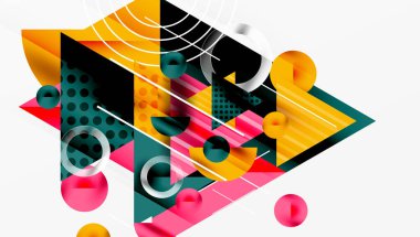 Soyut geometrik bileşim. Şekiller örtüşüyor, dinamik görsel ilgi yaratıyor. Renkler sarı, pembe, yeşil, siyah. Çizgiler yapı ekler.