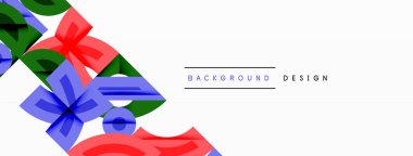 Soyut geometrik şekiller örtüşür, canlı renk blokları oluşturur. Beyaz boşluklu minimalist tasarım kompozisyona hakim..