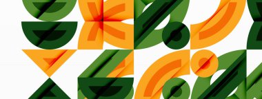 Soyut şablon tekrarlayan yaprak şekillerini içerir. Turuncu, yeşil renkler tasarımda baskın. Geometrik formlar dokulu görsel efekt oluşturur.