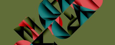 Soyut geometrik şekiller örtüşür, dinamik bileşim yaratır. Kırmızı, deniz mavisi renkleri zeytin arka planıyla tezat oluşturuyor. Modern tasarım.