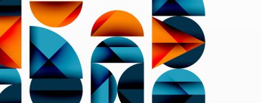 Soyut geometrik bileşim. Şekiller çakışıyor, dinamik görsel etki yaratıyor. Turuncu, mavi renkler dizaynın hakimi. Modern, minimalist stil.