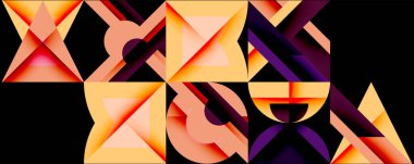 Soyut geometrik bileşim. Sıcak renkler baskın, üçgenler, şekiller, gölgeler, gradyanlar. Modern tasarım, görsel olarak karmaşık..