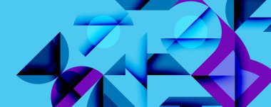 Soyut geometrik şekiller örtüşür, canlı mavi, mor bir bileşim yaratır. Modern tasarım dinamik enerjiyi, görsel ilgiyi çağrıştırıyor.