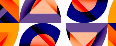 Geometrik desenler tekrar ediyor. Turuncu, mor, lacivert renkler beyaz alana karışıyor. Modern tasarım soyut sanatı, simetriyi çağrıştırıyor.