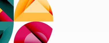 Soyut geometrik şekiller örtüşür, canlı renk blokları oluşturur. Tasarım eğimleri, üçgenler, eğriler, artı beyaz boşluk özellikleri.