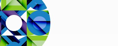 Soyut geometrik tasarım. Mavi, yeşil şekiller örtüşüyor, dinamik görsel efekt yaratıyor. Beyaz alan sağ tarafa hakim.