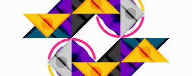 Soyut geometrik desen. Üçgenler, daireler, kareler simetrik tasarım yaratır. Mor, sarı, gri baskın kompozisyon. Modern, enerjik.