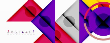 Geometrik şekiller örtüşüyor, canlı renkli bir tasarım yaratıyor. Mor, kırmızı, sarı baskın kompozisyon. Modern estetik.