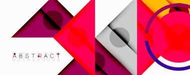 Geometrik şekiller örtüşür, canlı ve soyut bir bileşim yaratır. Kırmızı, mor, gri renkler tasarımda baskın. Modern biçim.