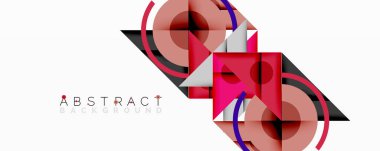 Geometrik şekiller örtüşür, dinamik soyut bileşim yaratır. Kırmızı, siyah, beyaz renkler tasarımda baskın. Modern estetik.
