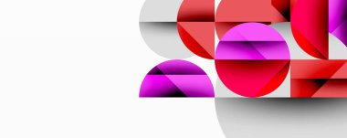 Soyut geometrik şekiller örtüşüyor, canlı pembeler, kırmızılar, morlar yaratıyor. Minimalist tasarım beyaz arka planda. Modern kompozisyon.