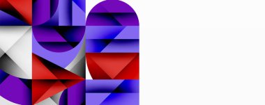 Soyut geometrik şekiller, kırmızı, mor, beyaz, mavi renkler. Modern tasarım, temiz çizgiler, minimalist estetik. Kompozisyon sol tarafa odaklanıyor.