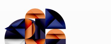 Soyut geometrik şekiller, turuncu, lacivert, beyaz. Üst üste binen formlar dinamik bileşim oluşturur. Minimalist tasarım, modern estetik.