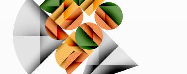 Soyut geometrik bileşim. Üst üste binen daireler, dikdörtgenler dinamik görsel efekt yaratır. Sıcak ve serin tonlarda beyaz arkaplan karşıtlığı.