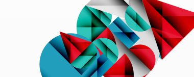 Soyut geometrik şekiller örtüşür, dinamik bileşim yaratır. Kırmızı, deniz mavisi, gri renkler beyaz arkaplana hakim. Modern tasarım elemanları.