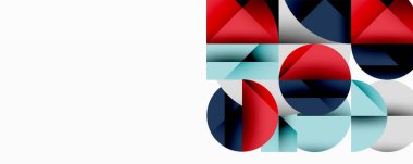 Soyut geometrik bileşim. Kırmızı, mavi, cyan şekiller çakışıyor, dinamik görsel etki yaratıyor. Minimalist tasarım, temiz çizgiler.