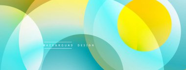 Soyut çemberler çakışıyor, canlı gradyanlar yaratıyor. Mavi, sarı, beyaz renkler düzgün bir şekilde harmanlanır. Arka planlar için modern tasarım ögesi.