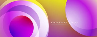 Soyut, enerjik katmanlar dinamik bir değişim etkisi yaratır. Çemberler üst üste biniyor, modern tasarımı oluşturuyor. Sarı, mor renkler kompozisyona hakim..