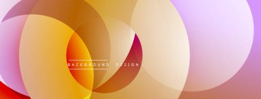 Soyut renkli çakışan daireler dinamik arkaplan oluşturur. Sıcak tonlar baskın, turuncu, sarı, mor renkler harmanlanmış. Modern tasarım ögesi.