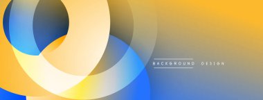 Soyut şekiller örtüşüyor, parlak sarı ve mavi renkler yaratıyor. Modern tasarım yenilik, enerji ve akıcılık öneriyor. Arkaplanda metin ögeleri.