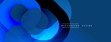 Soyut mavi katmanlar dinamik bileşim yaratır. Modern tasarım üst üste binen şekiller, gradyanlar, pürüzsüz geçişler içerir. Minimalist estetik.