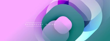 Soyut tasarım özellikleri üst üste binen daireler, gradyanlar. Pembe, deniz mavisi, mor renkler dinamik görsel akış yaratır. Modern arkaplan ögesi.