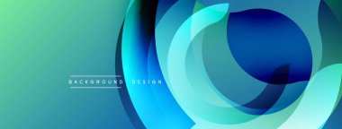 Soyut eğim arkaplanı. Üst üste binen daireler dinamik görsel efekt yaratır. Mavi, turkuaz, yeşil renkler kompozisyona hakim. Modern tasarım ögesi.