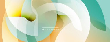 Soyut geometrik şekiller örtüşüyor, canlı renk eğimleri yaratıyor. Yumuşak turuncu, deniz mavisi, sarı renkler kompozisyona hakim. Modern tasarım ögesi.