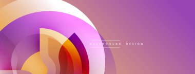 Soyut tasarım özellikleri üst üste binen daireler, gradyanlar. Mor, turuncu renkler kompozisyona hakim. Modern estetik, temiz çizgiler sunar.