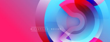 Soyut dinamik katmanlar canlı akış bileşimi yaratır. Pembe, mavi, kırmızı renkler kusursuz bir şekilde harmanlanarak dairesel şekiller oluşturuyor. Modern tasarım ögesi.