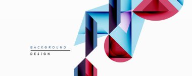 Soyut geometrik tasarım canlı çokgen şekiller içerir. Mavi, mor, kırmızı renkler beyaz arkaplanda dinamik kompozisyon oluşturur. Modern estetik, temiz çizgiler, minimalist tarz..