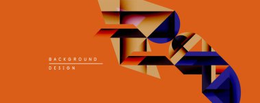 Soyut geometrik bileşim. Üst üste binen şekiller dinamik görsel akış yaratır. Sıcak turuncu arka plan, serin mavi ve kahverengi tonlara zıt. Modern tasarım ögesi.