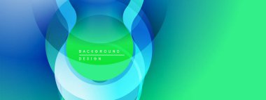 Soyut mavi yeşil eğimli katmanlar dairesel tasarım oluşturur. Metin, arkaplan tasarımını merkez şekil içinde okur.