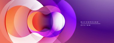 Soyut çemberler çakışıyor, canlı gradyanlar yaratıyor. Mor, turuncu renkler tasarımda baskın. Modern, dinamik görsel kompozisyon.